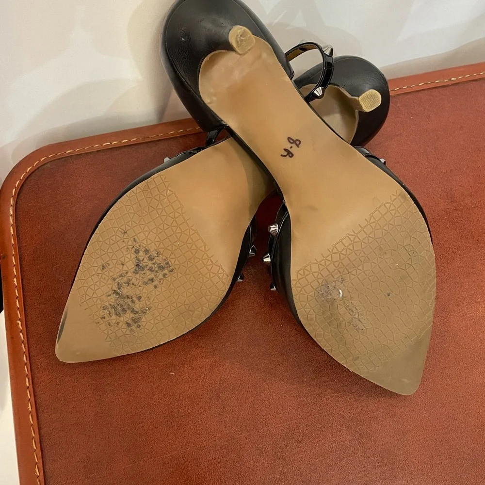 Women’s 11 14th & Union Black Stiletto Heels with Gold Studs‎ and Ankle Strap